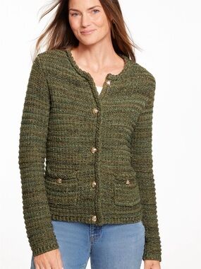 Talbots gold sparkle Women's Olive Knit Button-Up Sweater Cardigan large
